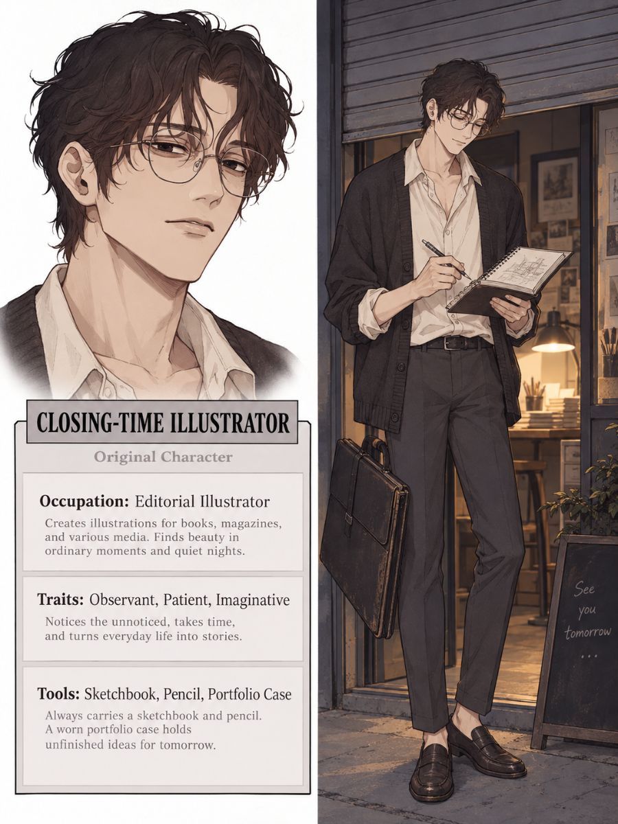 Lookism OC Maker Closing-Time Illustrator character sheet with sketchbook and portfolio case