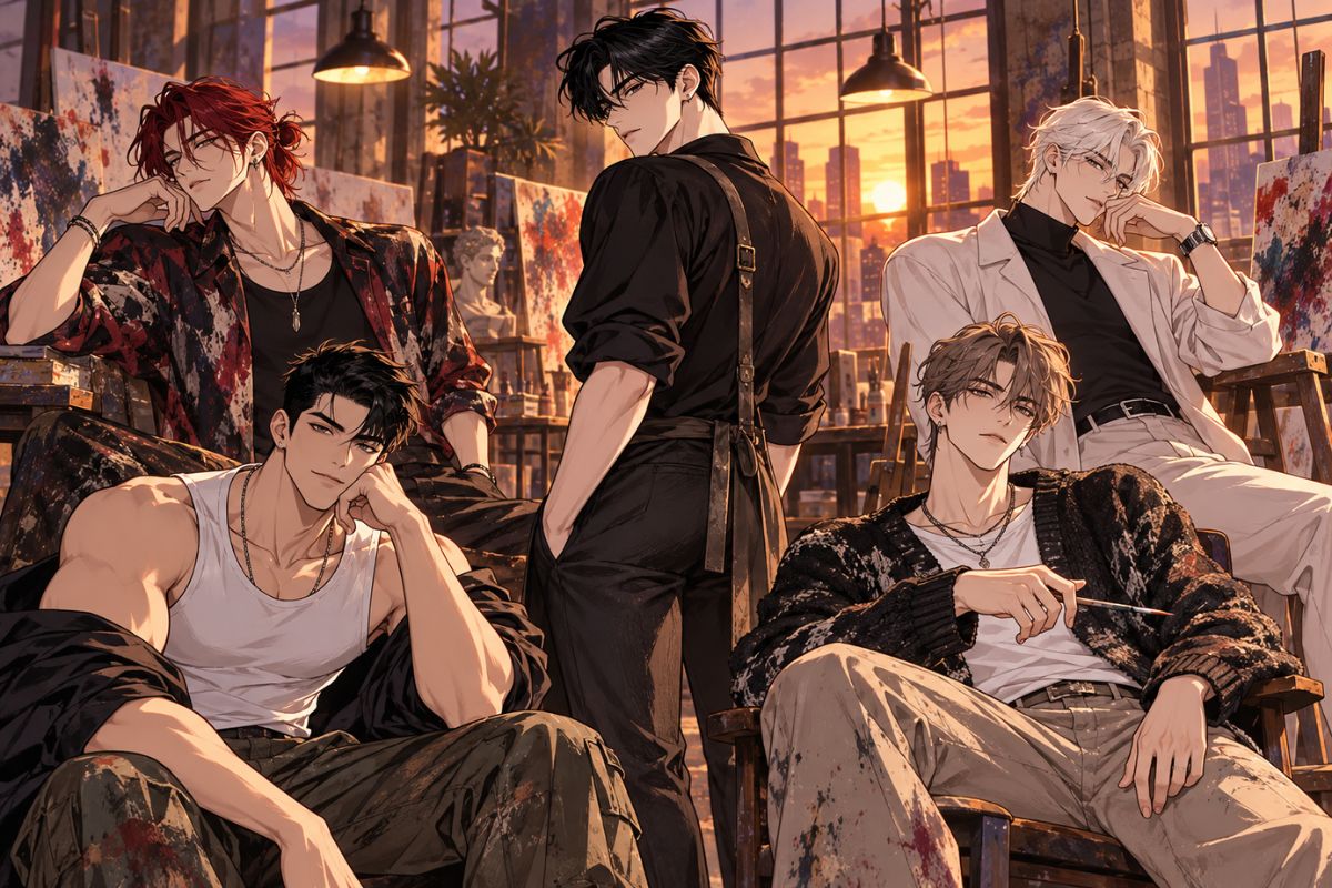 Lookism OC Maker male character group in a warm sunset art studio