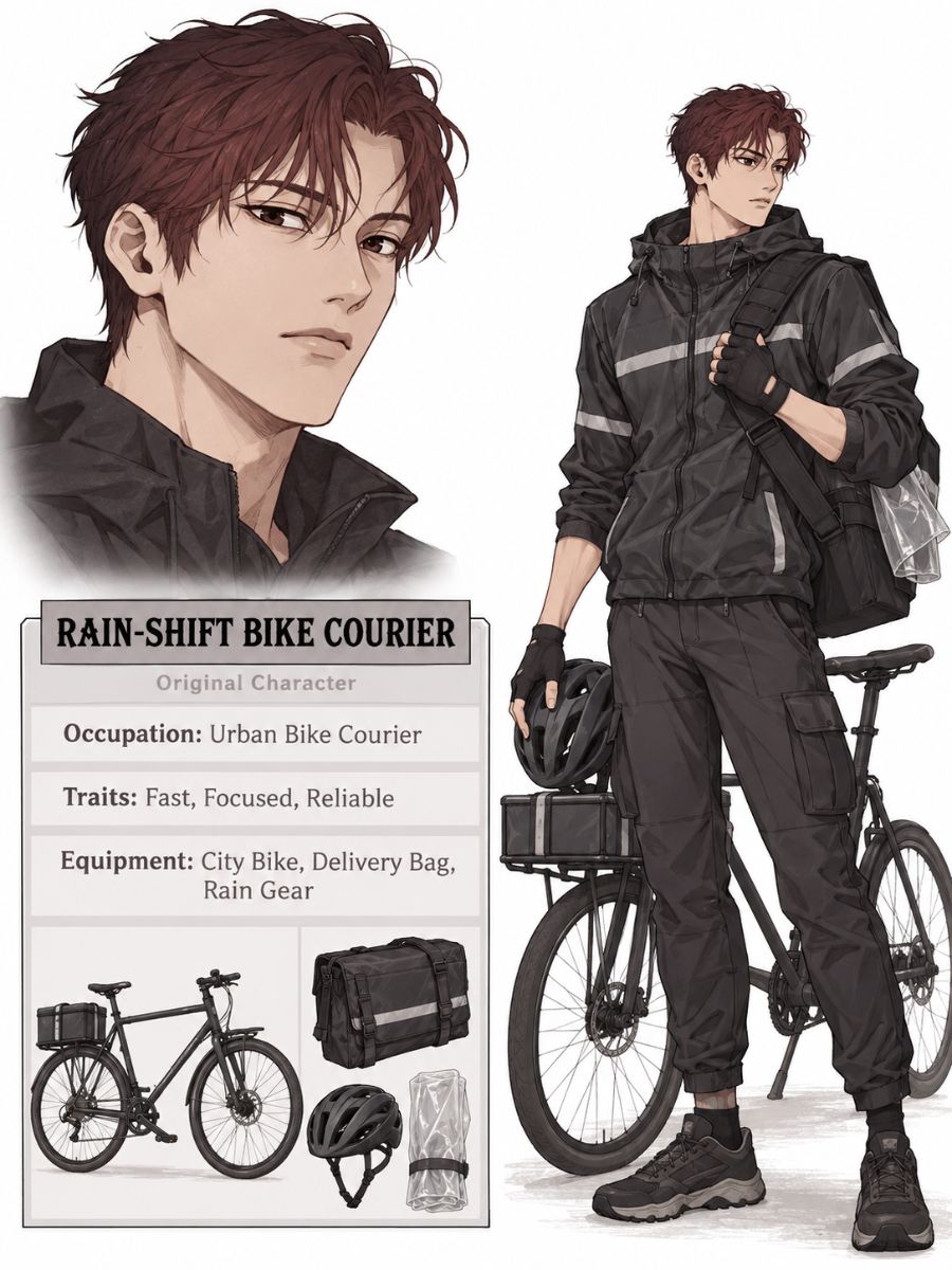 Lookism OC Maker Rain-Shift Bike Courier character sheet with bicycle, delivery bag, and rain gear