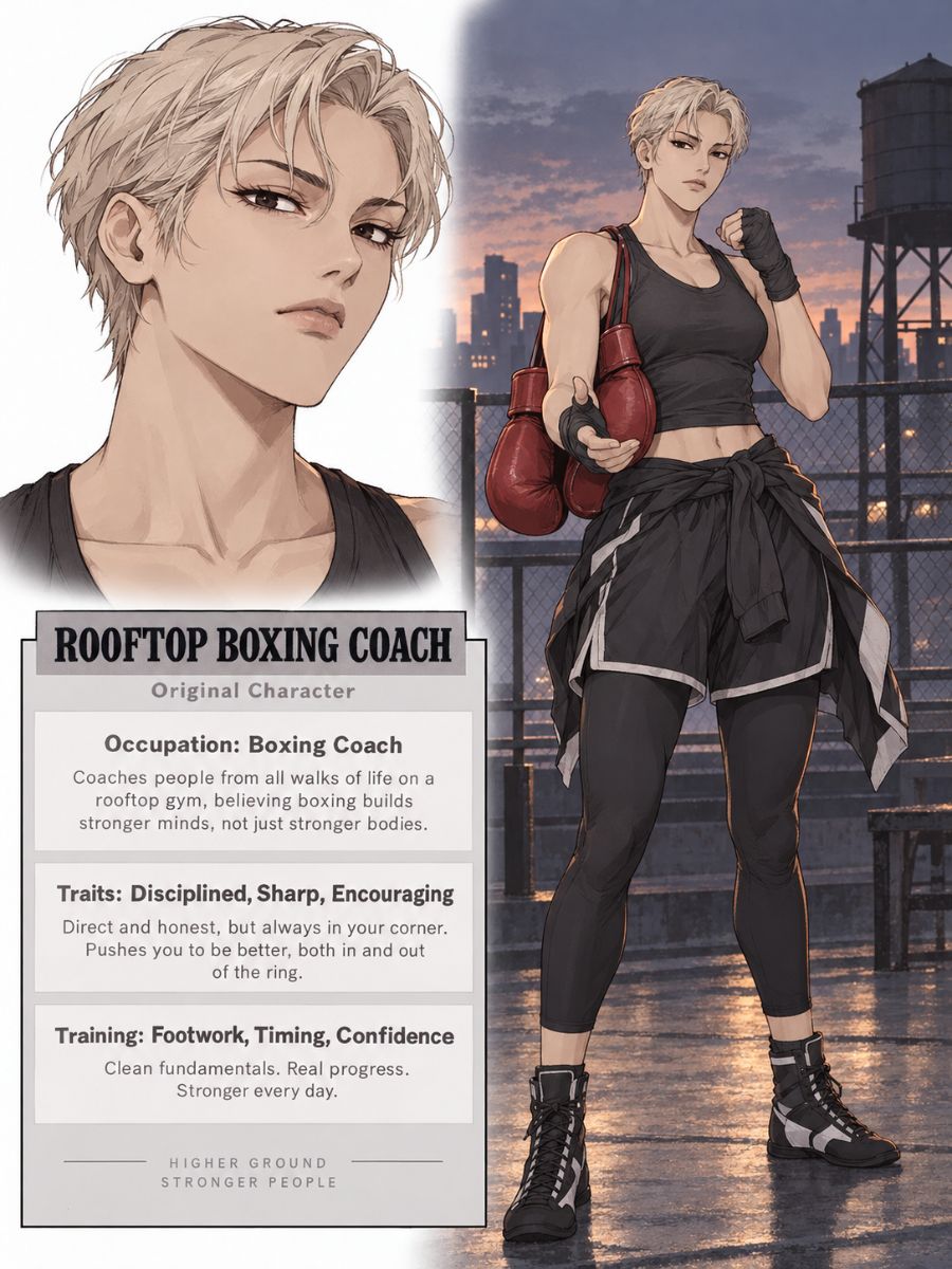 Lookism OC Maker Rooftop Boxing Coach character sheet with boxing gloves on a city rooftop