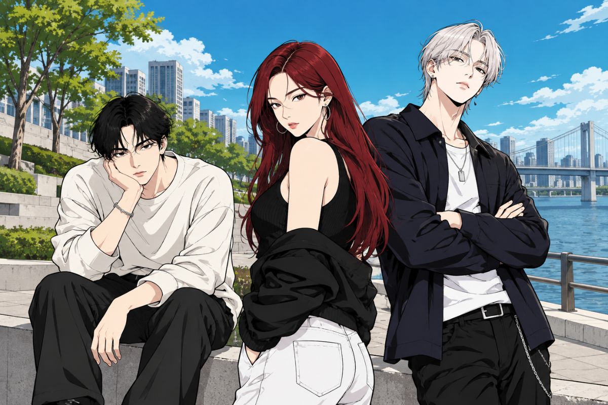 Lookism OC Maker character trio relaxing beside a riverside city park