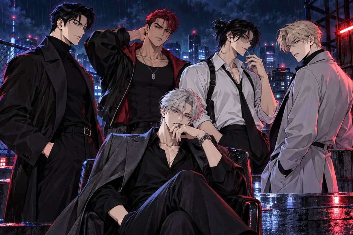 Lookism OC Maker male character group showing distinct personalities on a rainy rooftop