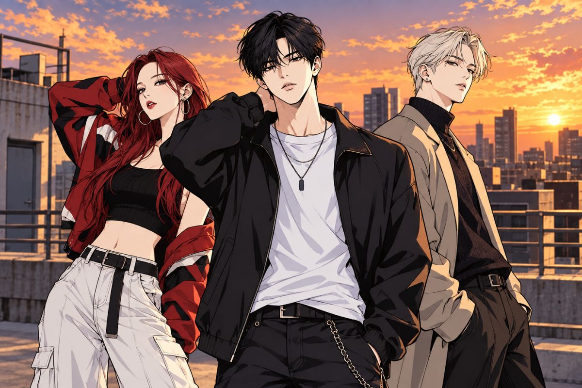 Lookism OC Maker red-haired woman and two men posing on a rooftop at sunset