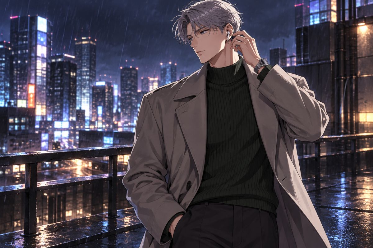 Lookism OC Maker silver-haired man portrait on a rainy city rooftop