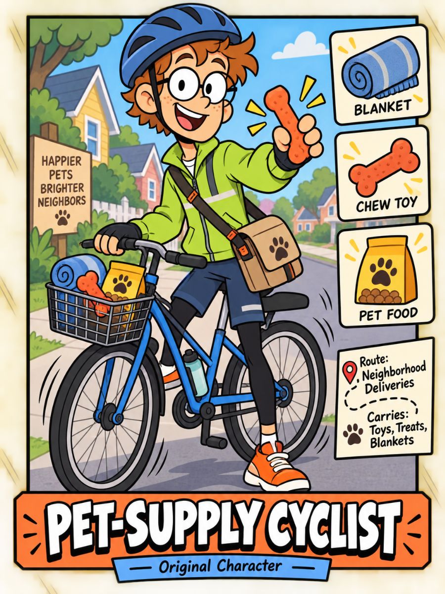 The Loud House OC Maker pet-supply cyclist character riding a bicycle with pet products