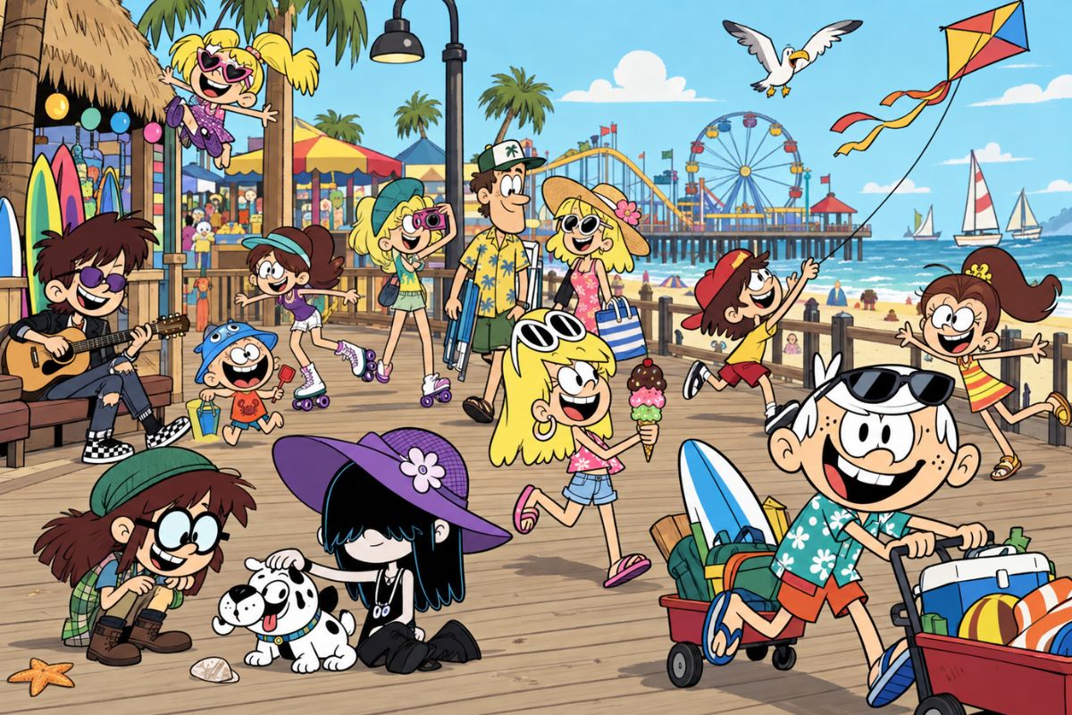 The Loud House OC Maker cartoon family and friends showing energetic expressions on a sunny beach boardwalk