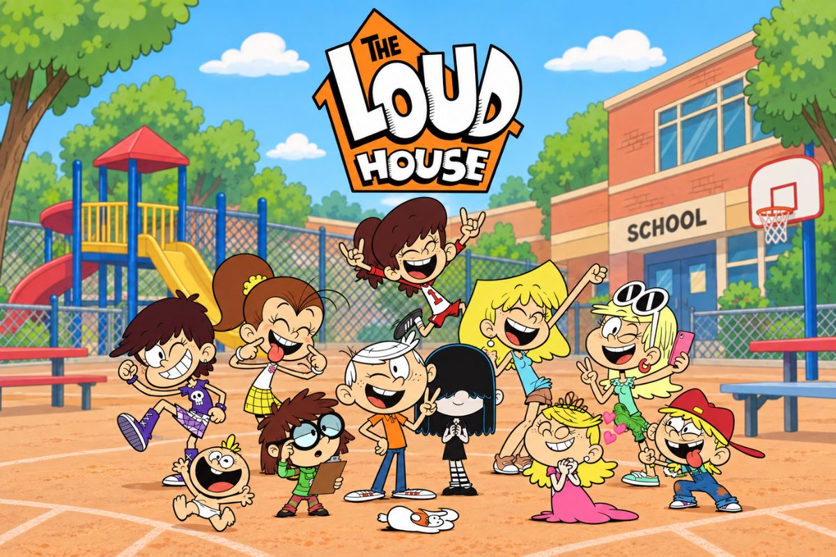 The Loud House OC Maker family character group gathered in a colorful schoolyard