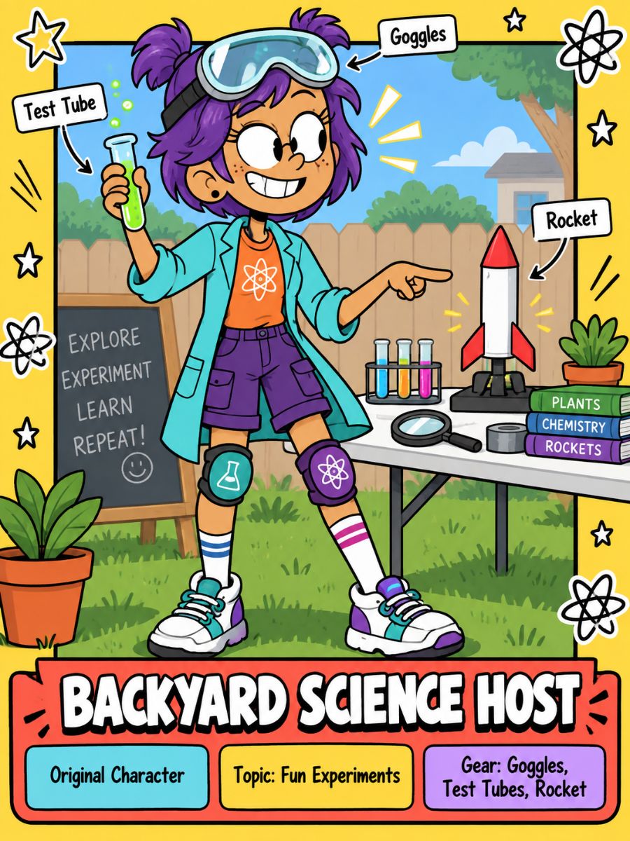 The Loud House OC Maker backyard science host presenting experiments with test tubes and a rocket