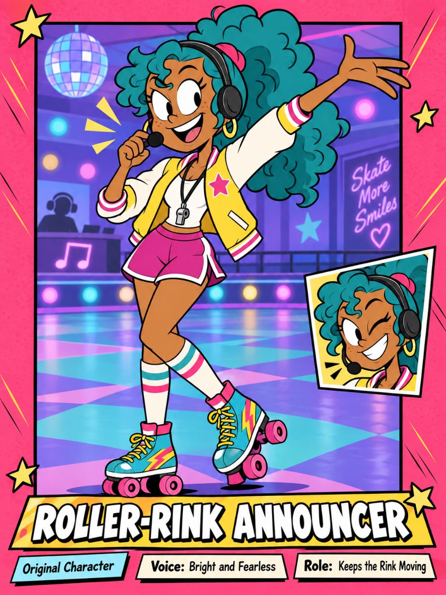 The Loud House OC Maker roller-rink announcer character wearing headphones and skates
