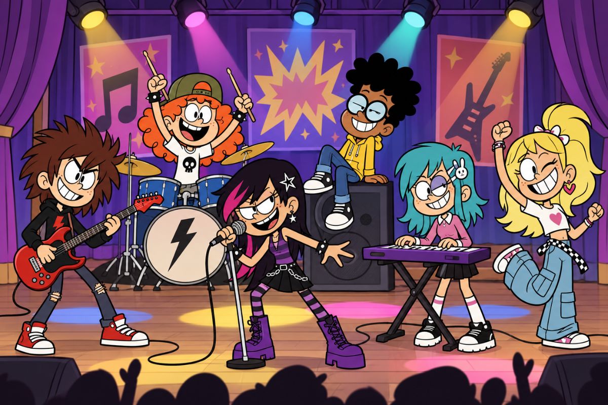 The Loud House OC Maker original rock band performing together under colorful stage lights