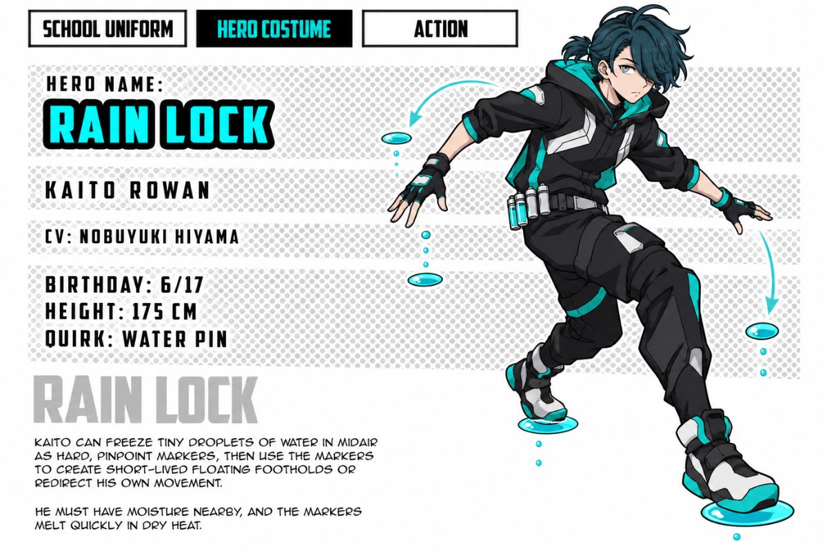MHA OC Quirks generator water pin hero character sheet showing droplets suspended around a moving hero