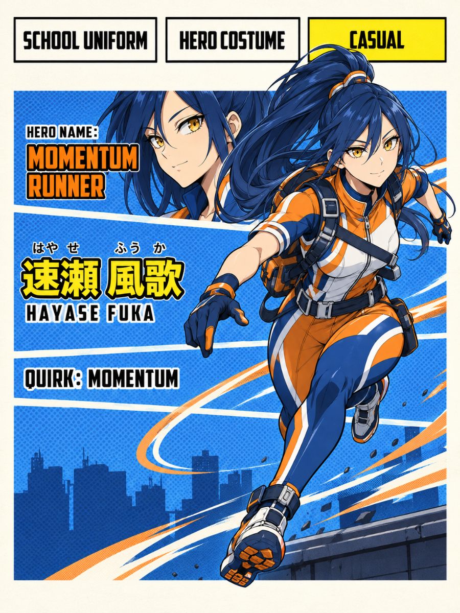 MHA Quirk ideas for OCs momentum runner hero character sheet with blue and orange speed gear
