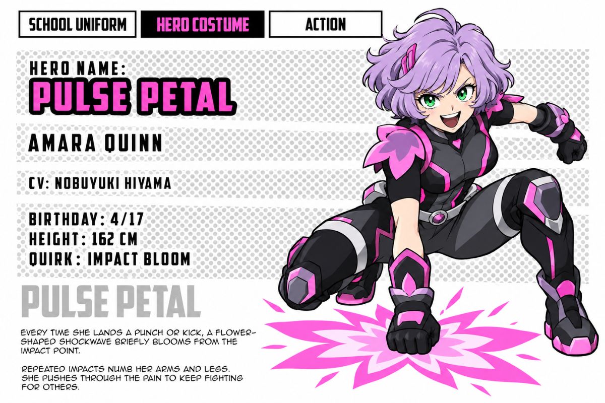 MHA OC Quirks generator impact bloom hero character sheet showing a bright shockwave beneath a crouching fighter