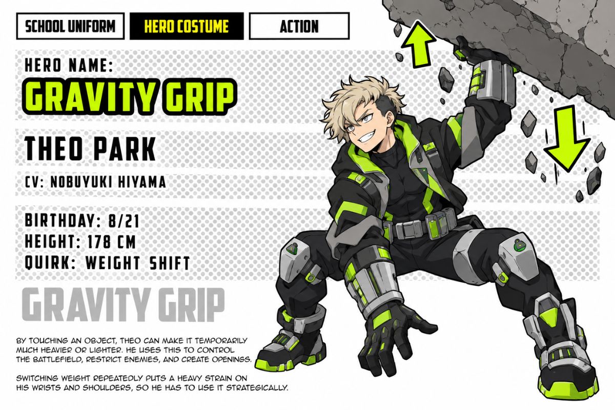 MHA Quirk ideas for OCs gravity grip hero in an action pose controlling the weight of a broken concrete slab