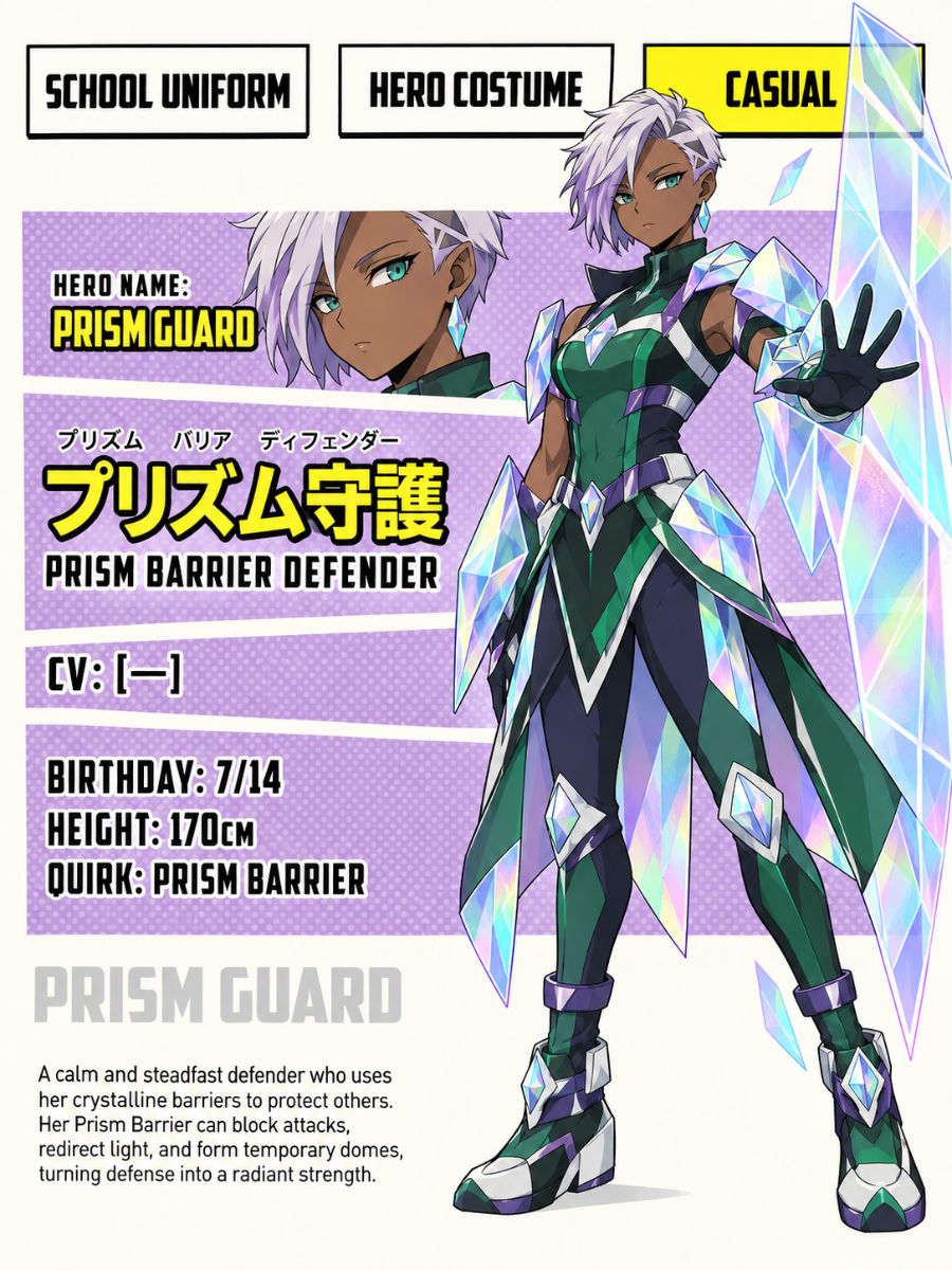 MHA OC Quirk generator prism barrier defender character sheet projecting a crystalline protective wall