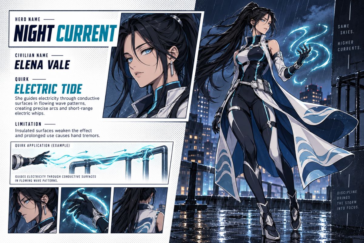 MHA Quirk ideas for OCs electric tide hero portrait with cyan electricity flowing around the character