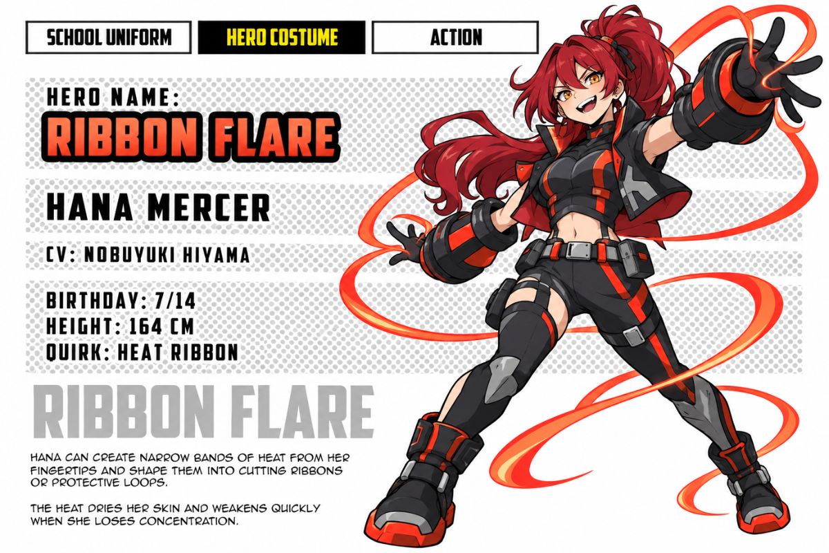 MHA OC Quirk generator heat ribbon hero character sheet with glowing red ribbons surrounding the action pose