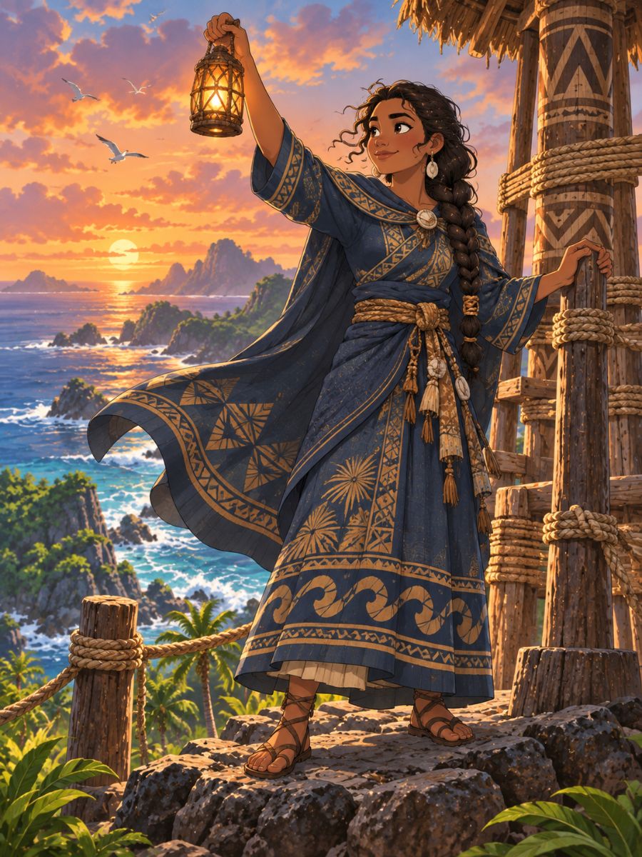 Moana OC Maker cliffside beacon keeper raising a lantern above the sunset ocean