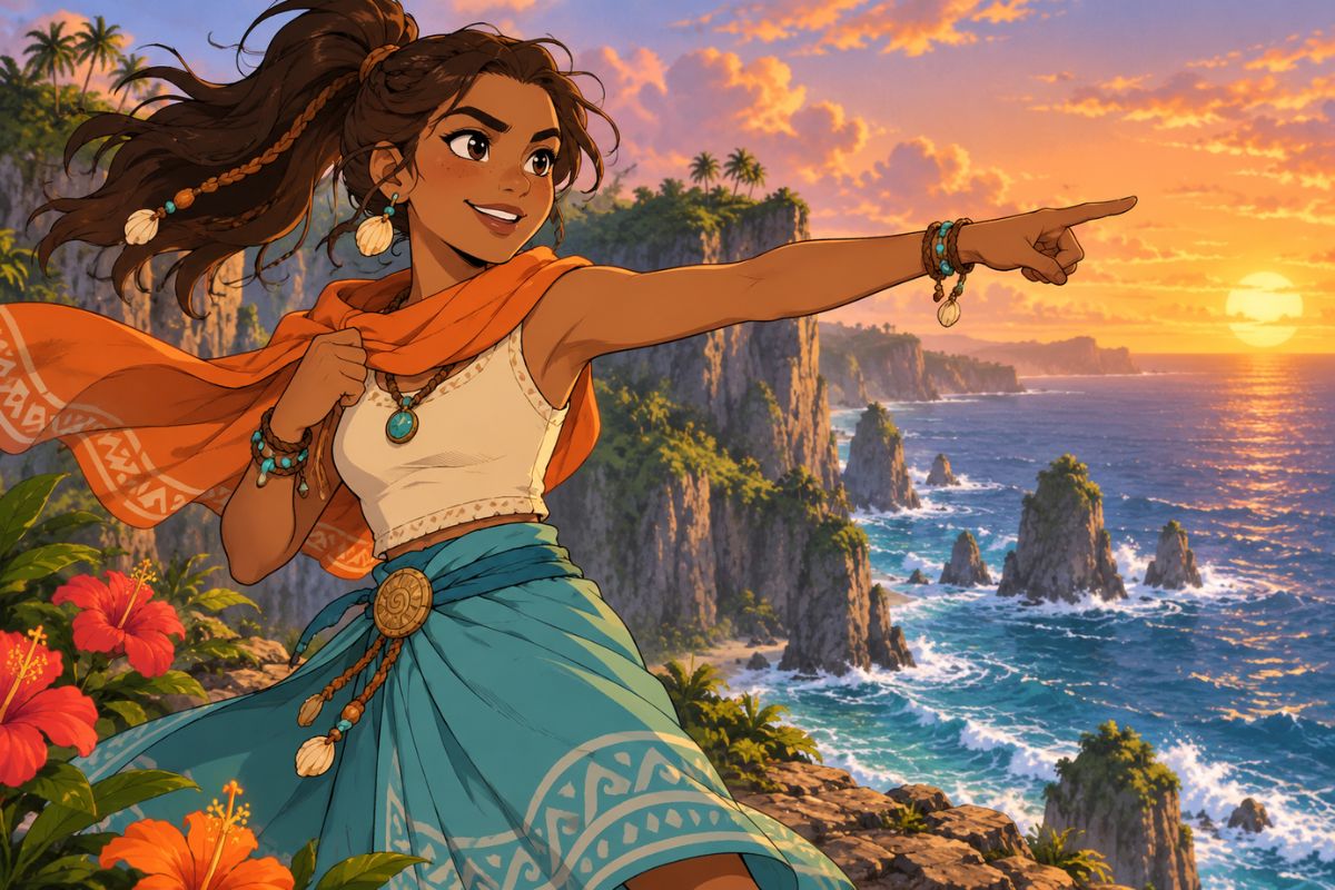 Moana OC Maker wind-swept ocean voyager pointing toward a sunset cliff