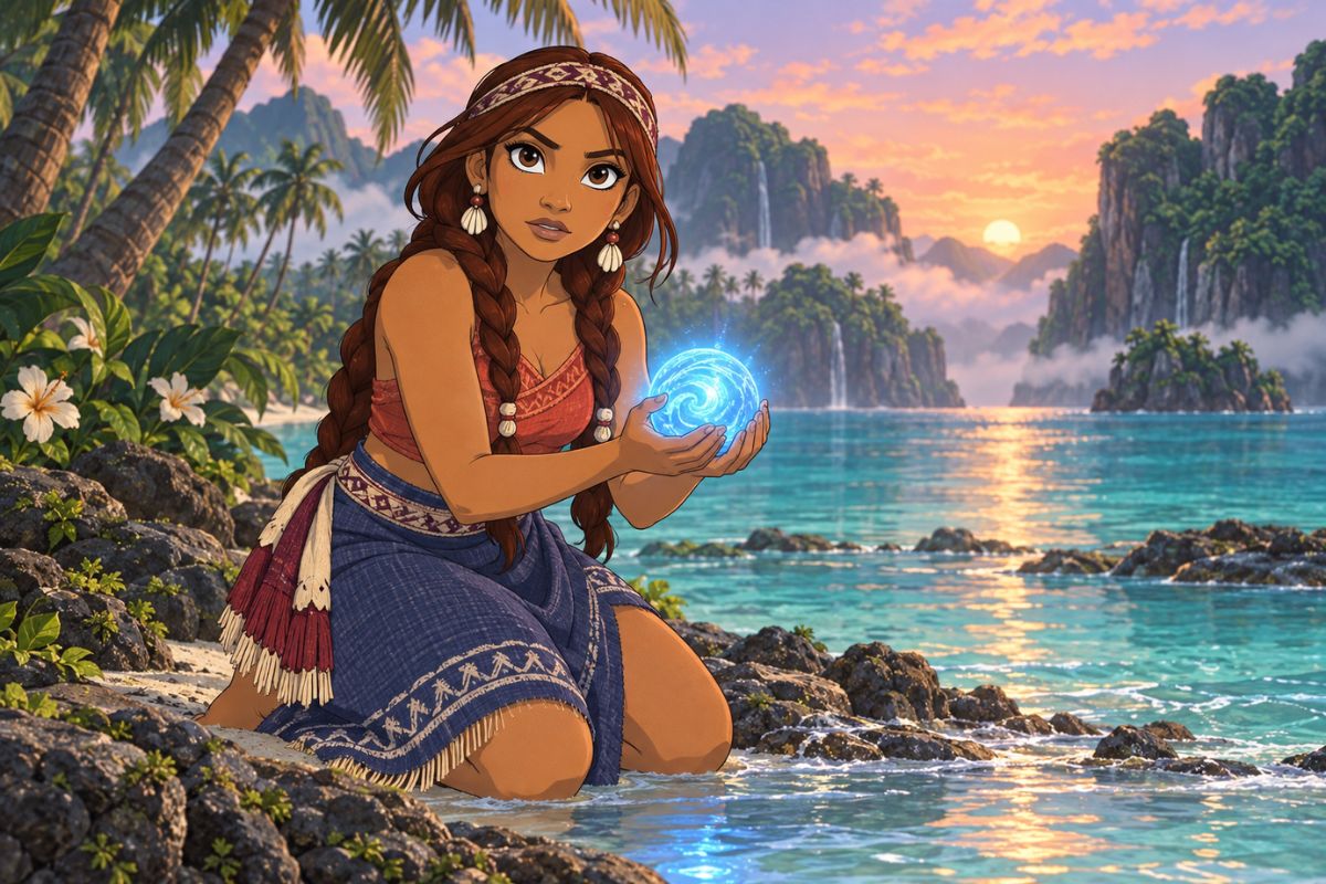 Moana OC Maker ocean voyager holding a glowing blue sea orb in a tropical lagoon