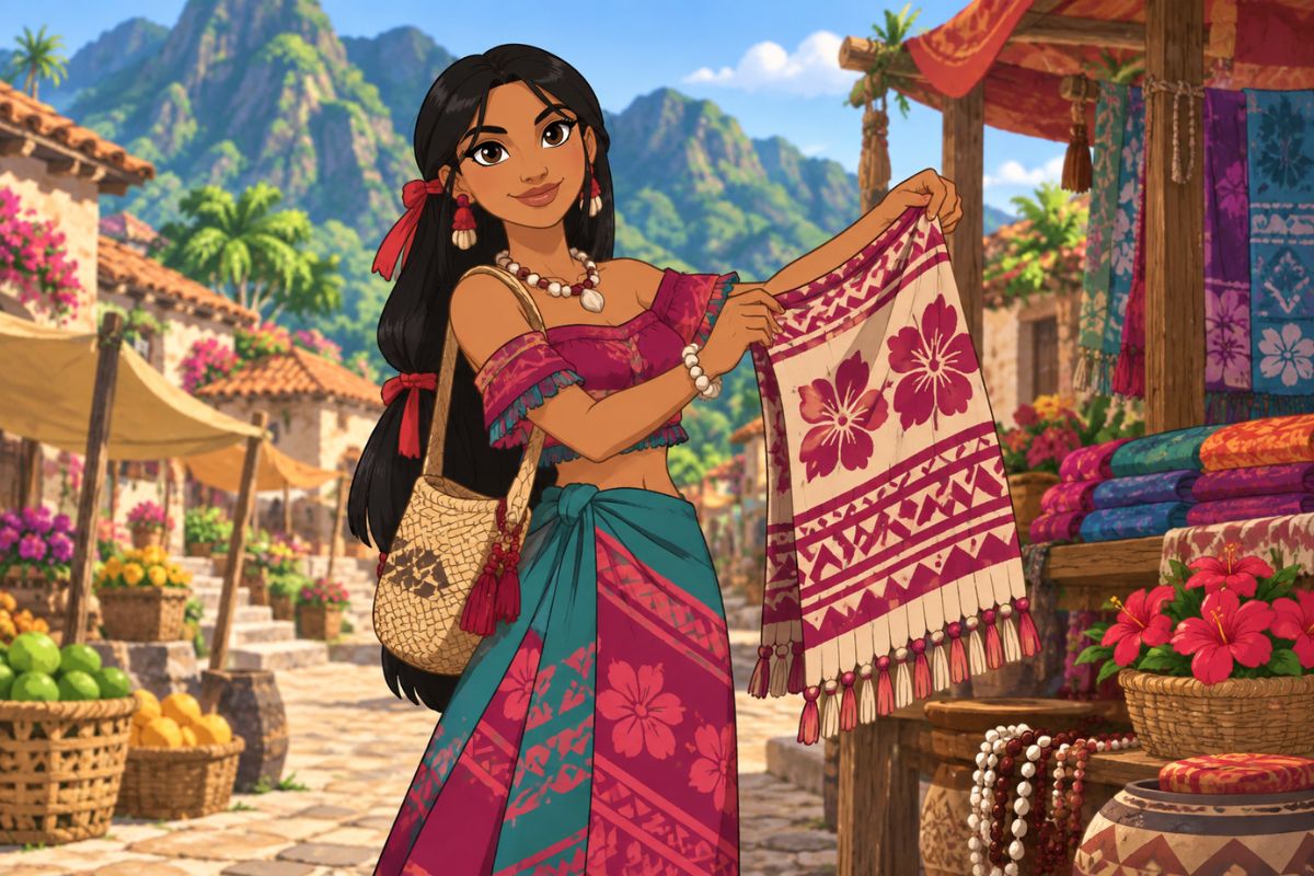 Moana OC Maker island textile market character portrait with colorful woven patterns