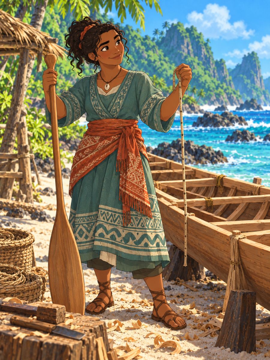 Moana OC Maker original island voyager building a small canoe on a tropical beach