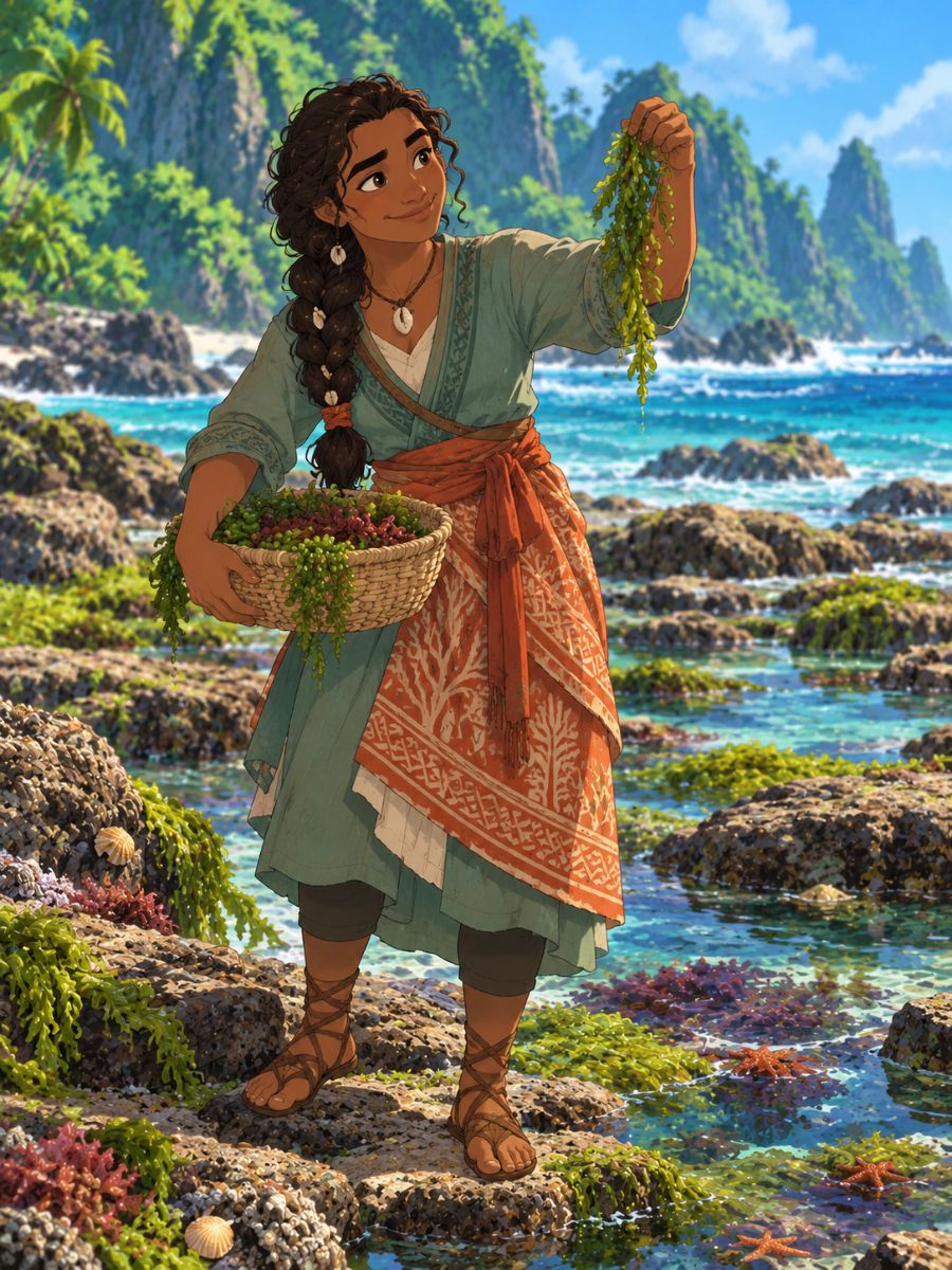 Moana OC Maker tidepool plant collector carrying a woven basket beside coastal reefs