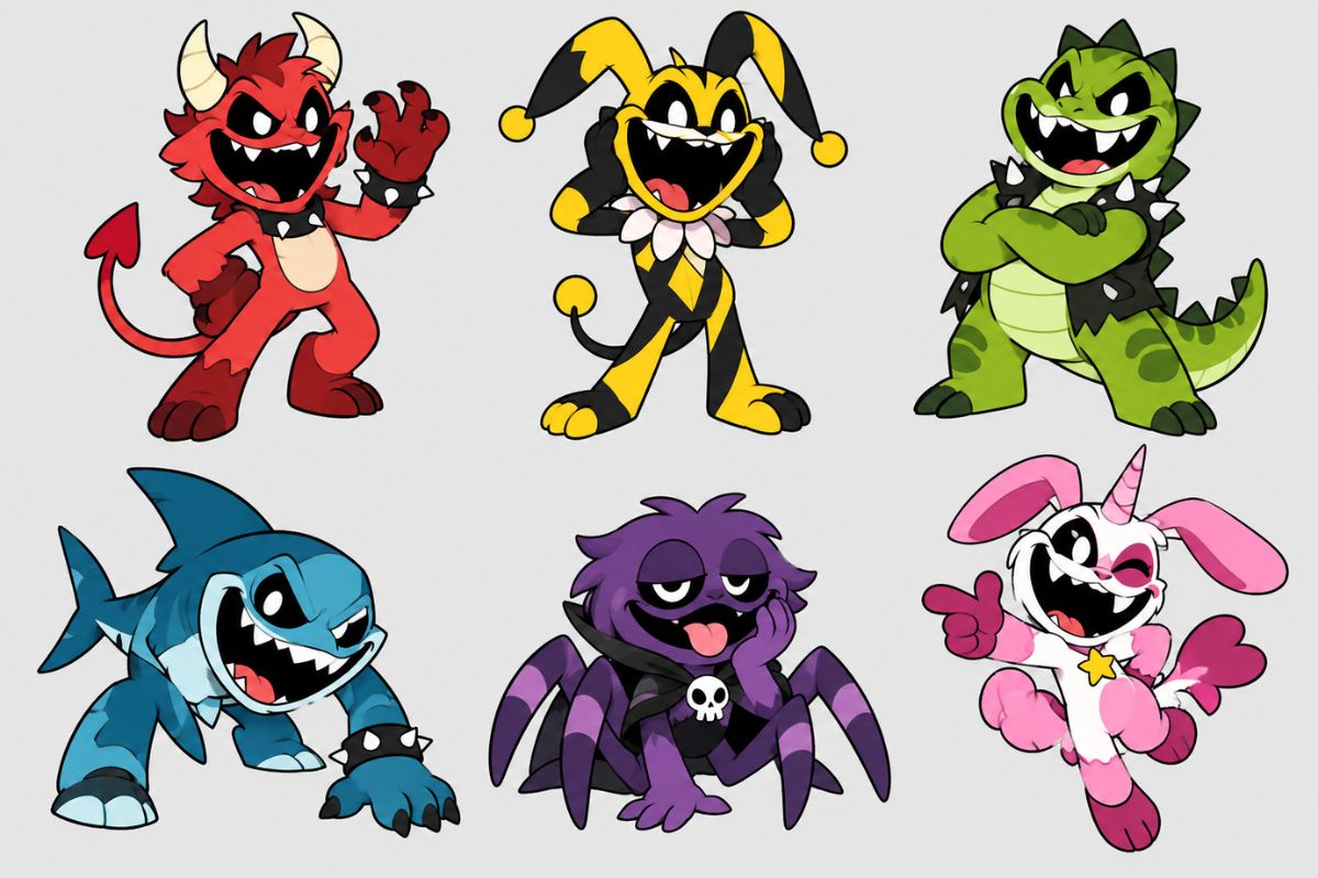 Nightmare Critters OC Maker colorful monster lineup featuring a blue shark-like critter with unusual fins