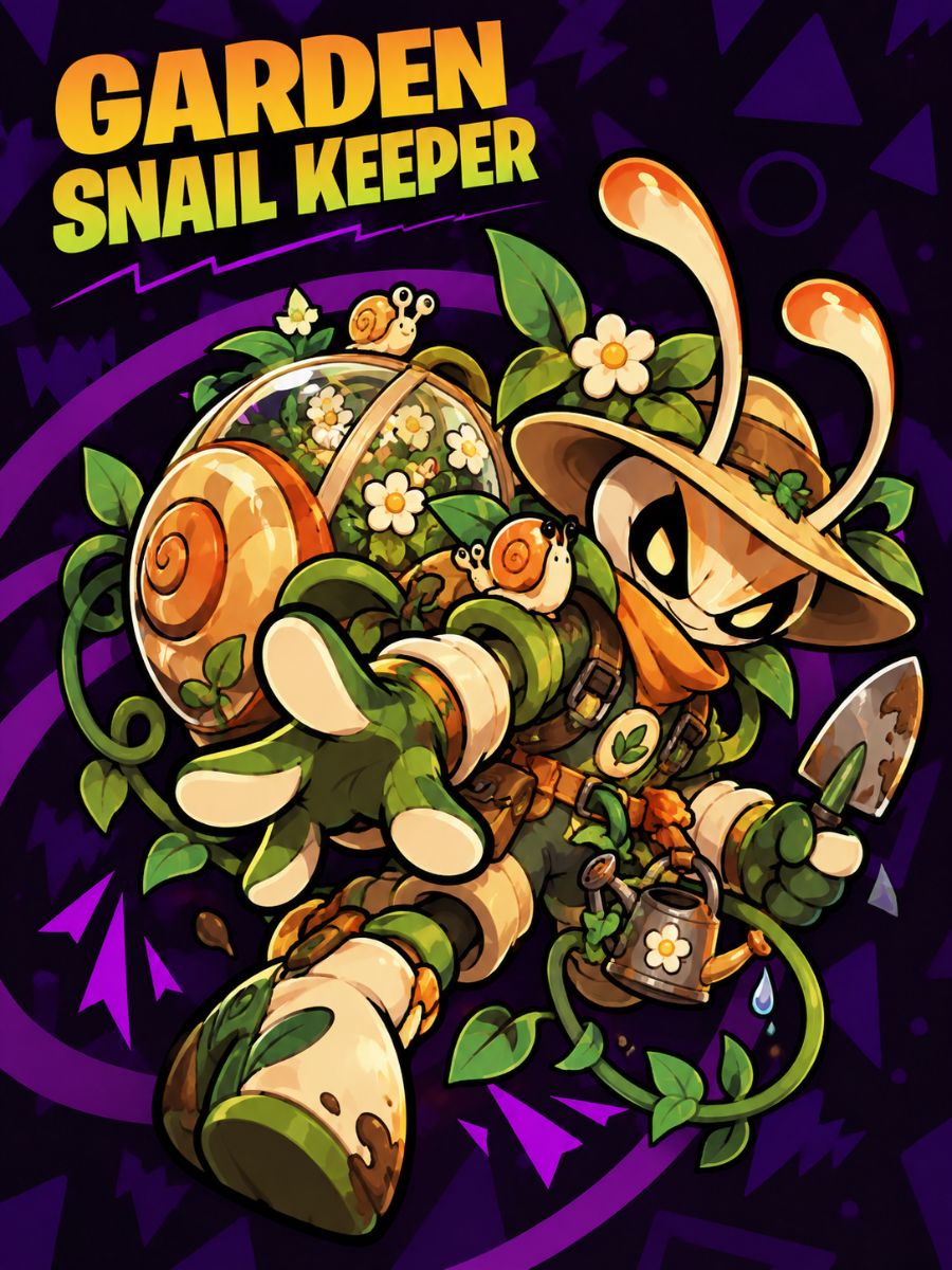 Nightmare Critters OC Maker Garden Snail Keeper plush character with a flower-filled shell and watering can