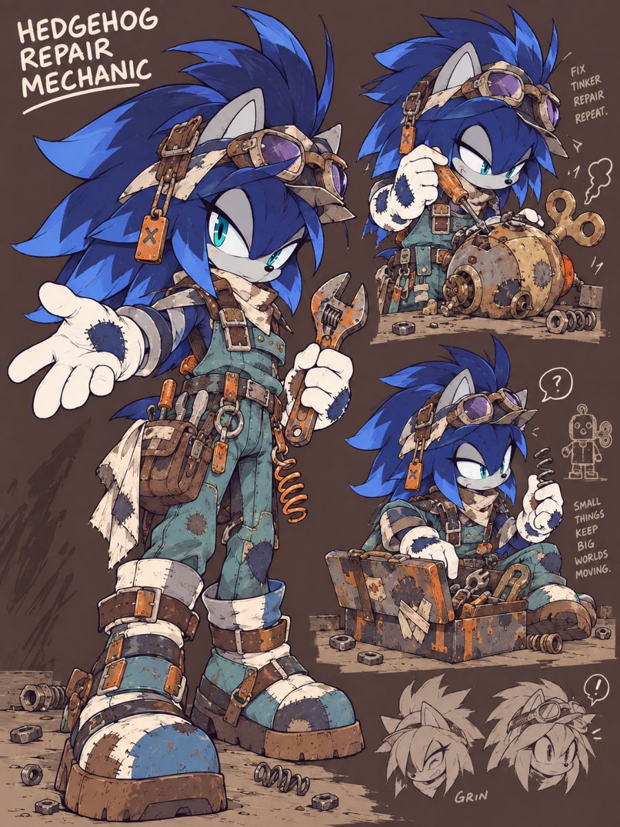 Mobian OC Maker blue hedgehog repair mechanic character sheet with goggles, tools, and stitched workwear