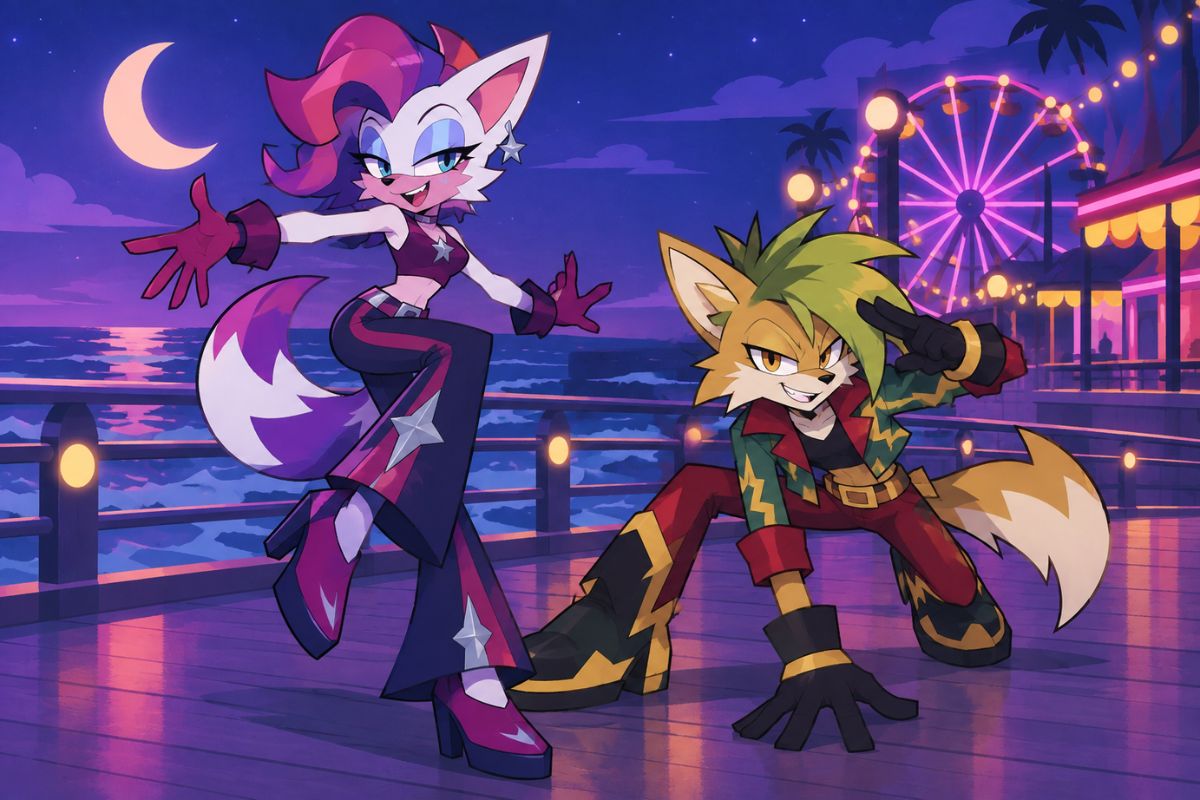 Mobian OC Maker anthropomorphic animal duo moving across a colorful seaside boardwalk at night