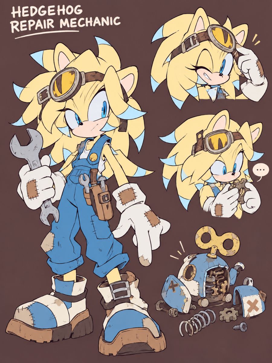 Mobian OC Maker cream hedgehog repair mechanic character sheet with goggles, wrench, and workshop tools