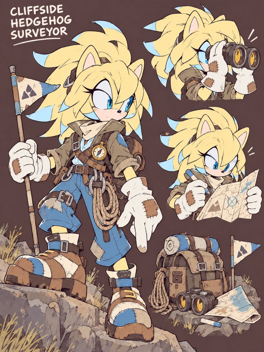 Mobian OC Maker cliffside hedgehog surveyor character sheet with binoculars, map, rope, and field gear