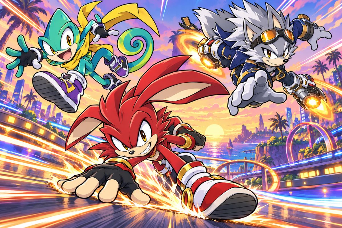 Mobian OC Maker sunset racing team charging through a colorful futuristic coastal city