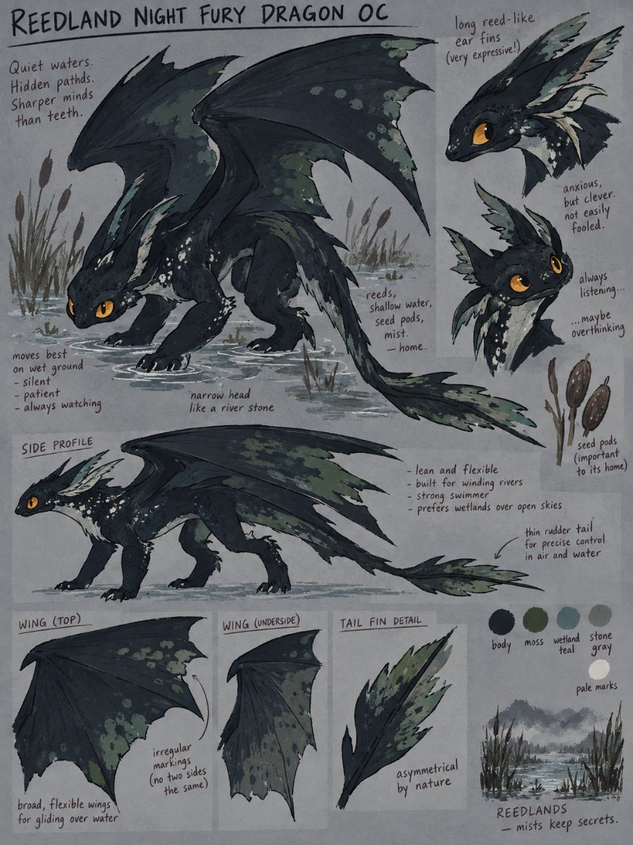 Night Fury OC character sheet showing a dark Reedland dragon design with multiple views, anatomy notes, and distinctive markings