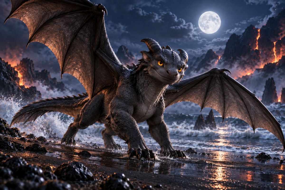 Night Fury OC dragon standing on a volcanic shore with glowing lava, dark scales, wings, and dramatic rim lighting
