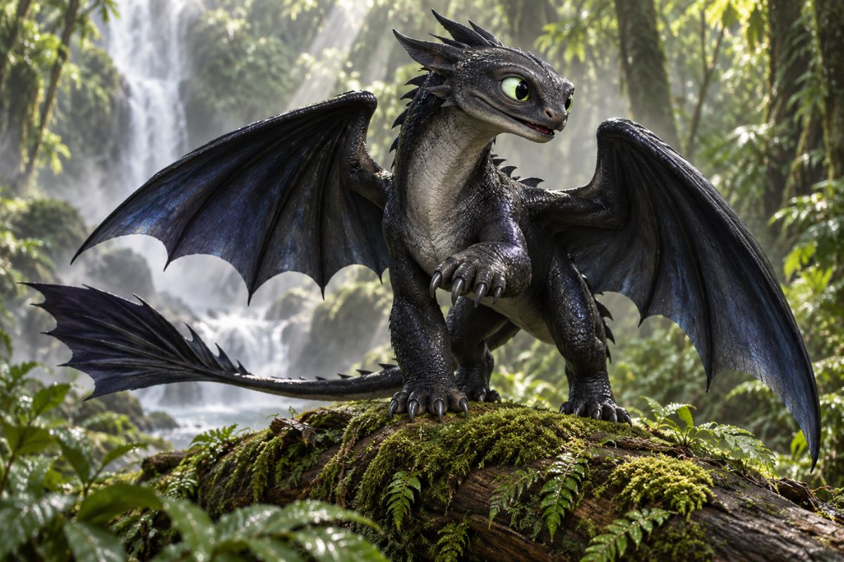 Night Fury OC dragon gliding beside a misty forest waterfall, with dark scales and broad wings clearly visible in a fantasy landscape