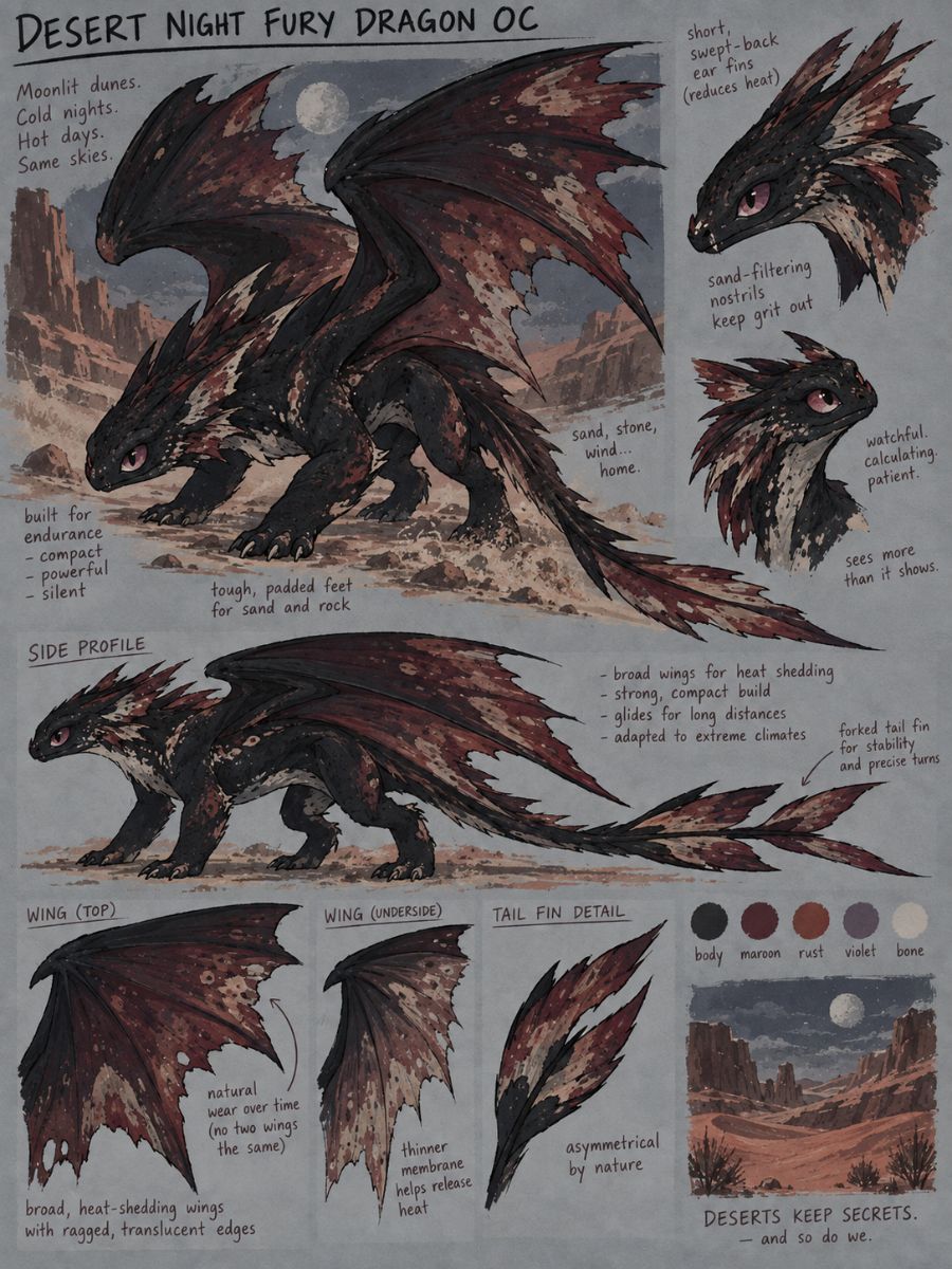 Night Fury OC character sheet showing a desert dragon design with warm earth tones, wing details, body studies, and original markings
