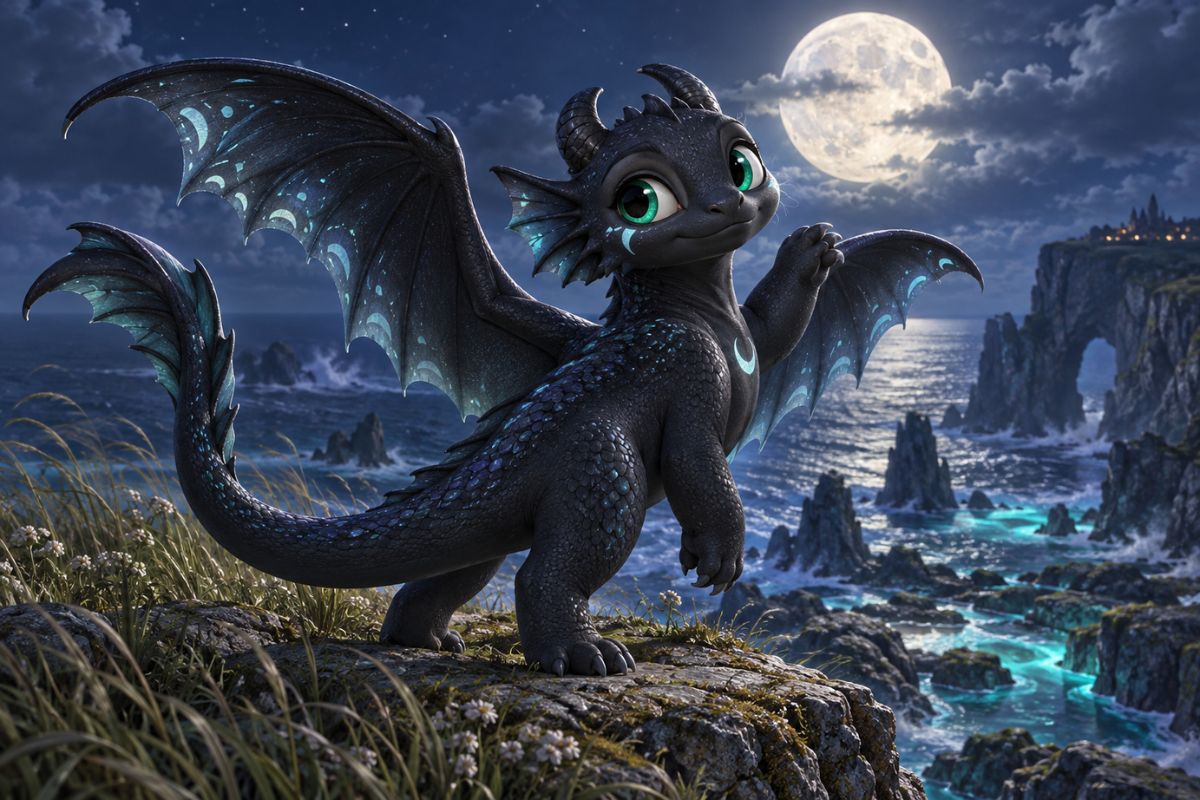 Night Fury OC dragon flying above a moonlit coastal landscape, with spread wings, a visible tail, and deep blue night lighting