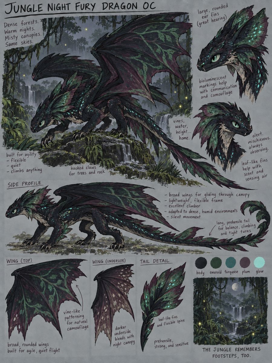 Night Fury OC character sheet showing a jungle dragon design with dark scales, tropical details, multiple views, and original anatomy