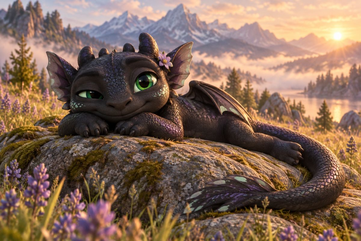 Night Fury OC dragon resting in a bright mountain meadow, with a readable silhouette, wings, tail, and natural landscape background