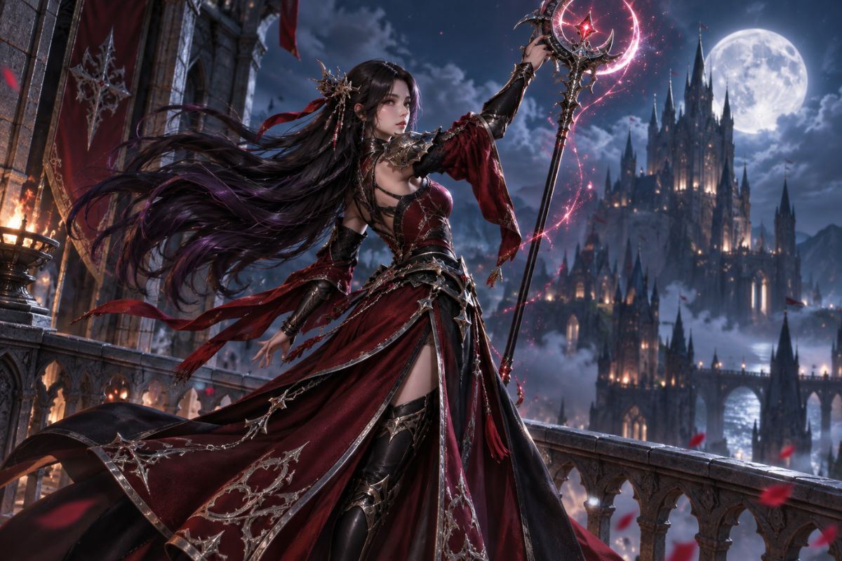 FFXIV OC maker moonlit black mage with dark robes, a glowing staff, and a confident expression