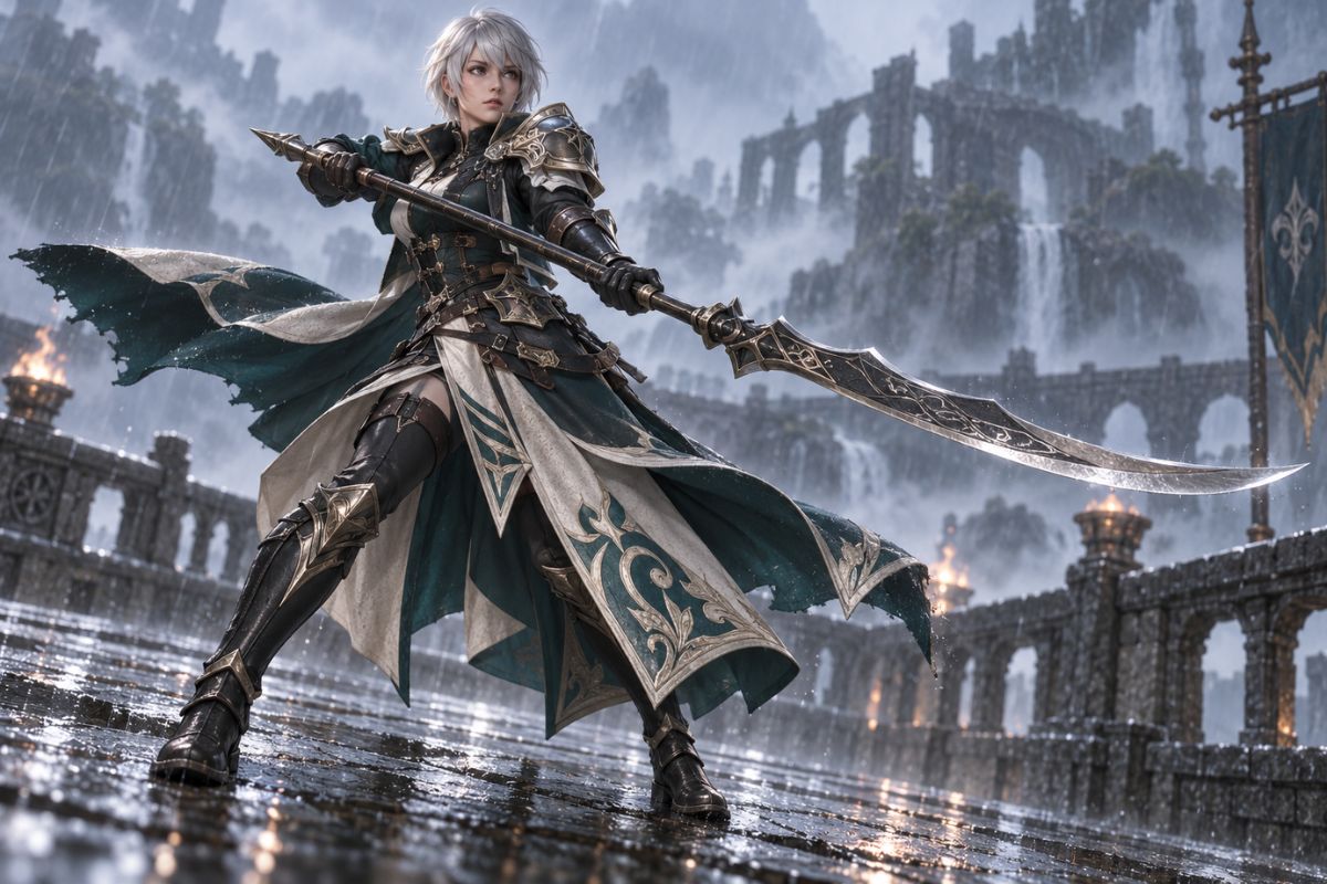 FFXIV OC maker white-haired dragoon character wielding a spear in a misty fantasy city