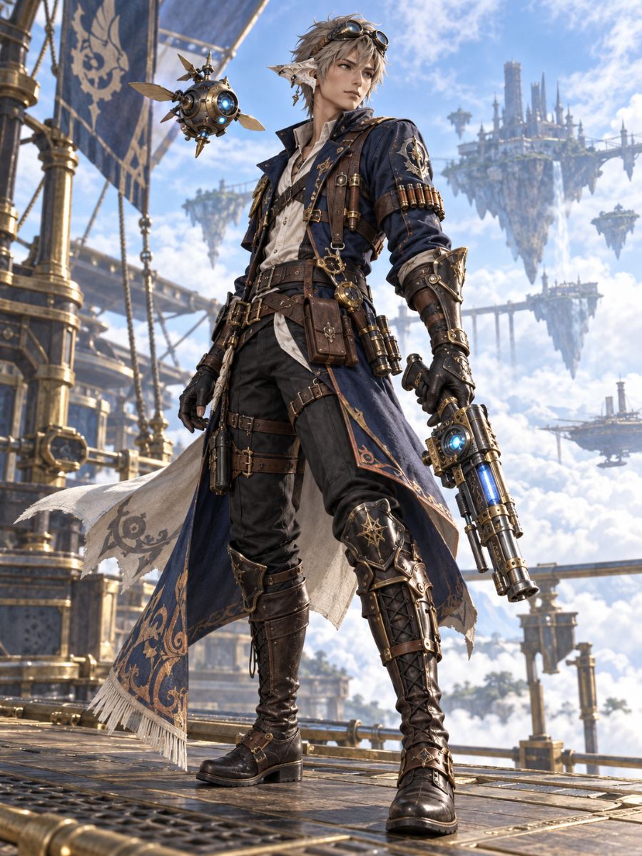 FFXIV character creator example of a skybound machinist wearing practical leather gear with a mechanical companion