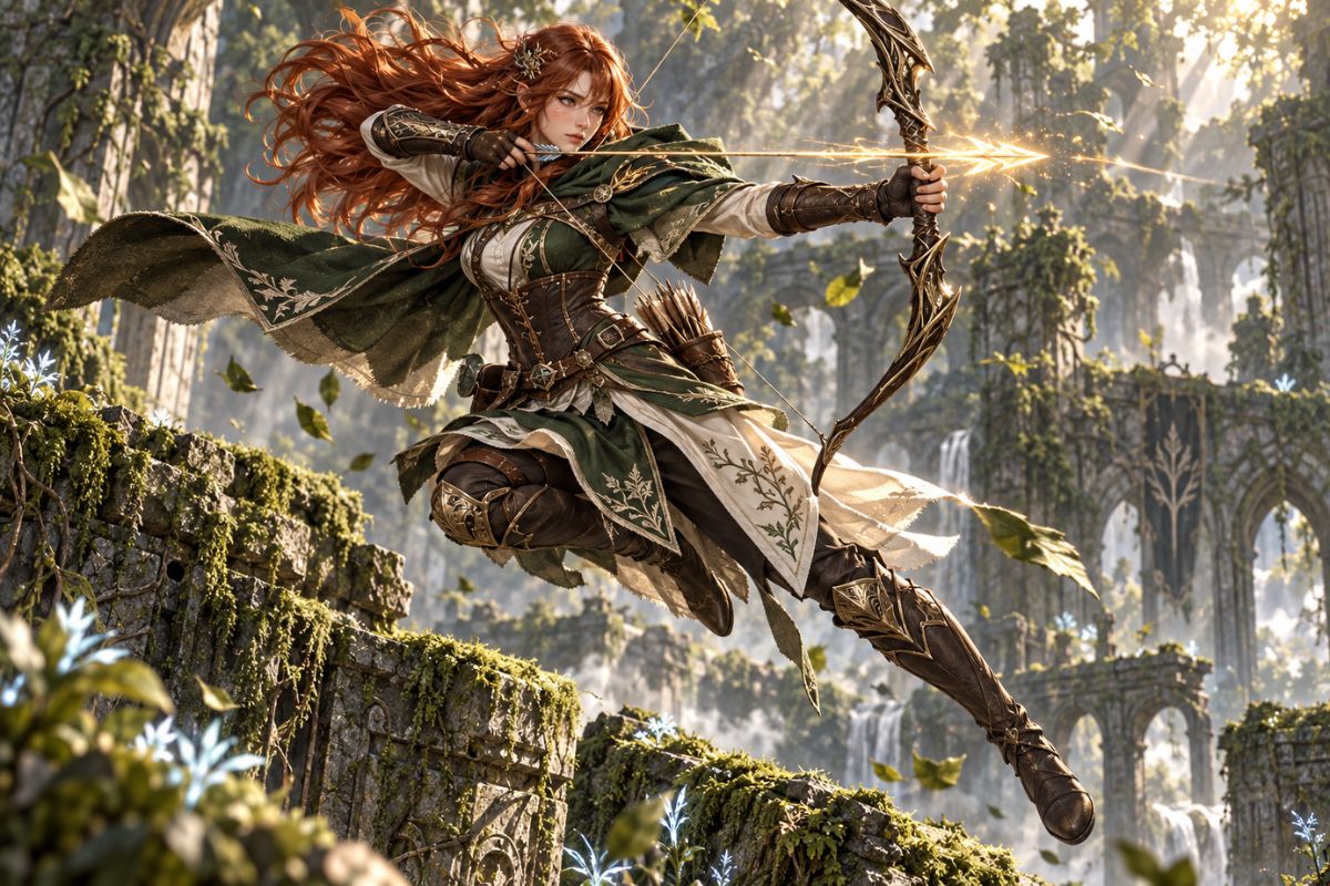 FFXIV-inspired character creator example showing an original archer OC aiming a glowing bow in a fantasy landscape
