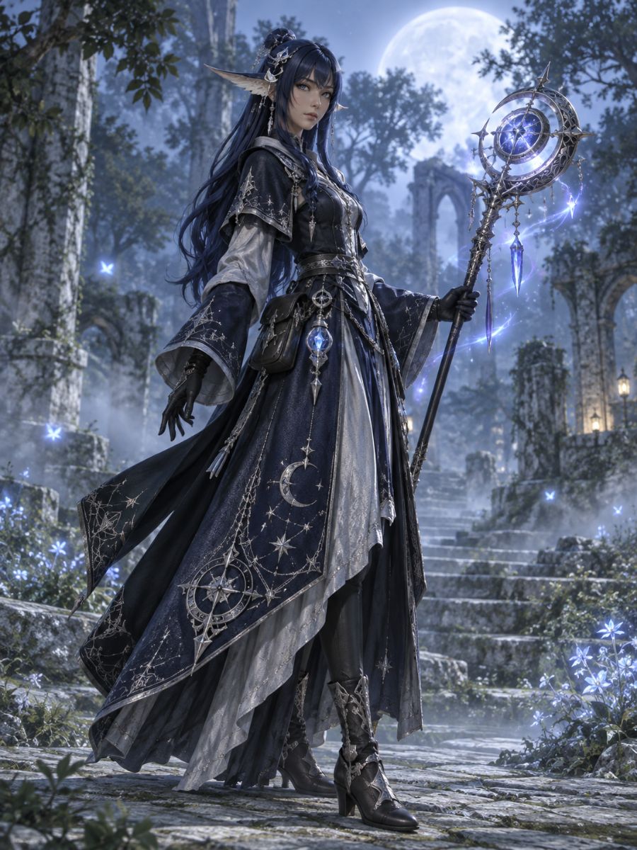 FFXIV OC maker example of a moonlit spellcaster in dark robes holding a glowing crystal staff