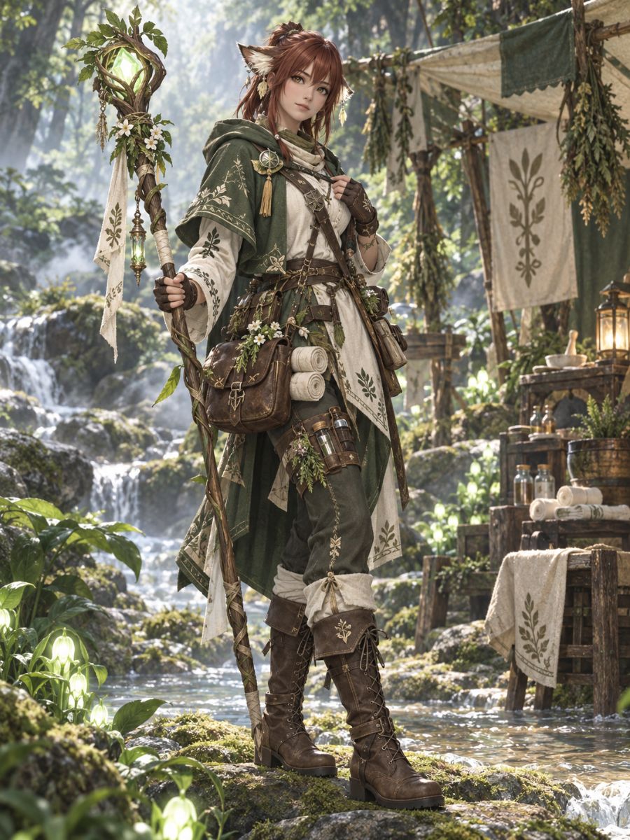 FFXIV character creator example of a forest field medic carrying a healing staff among woodland flowers