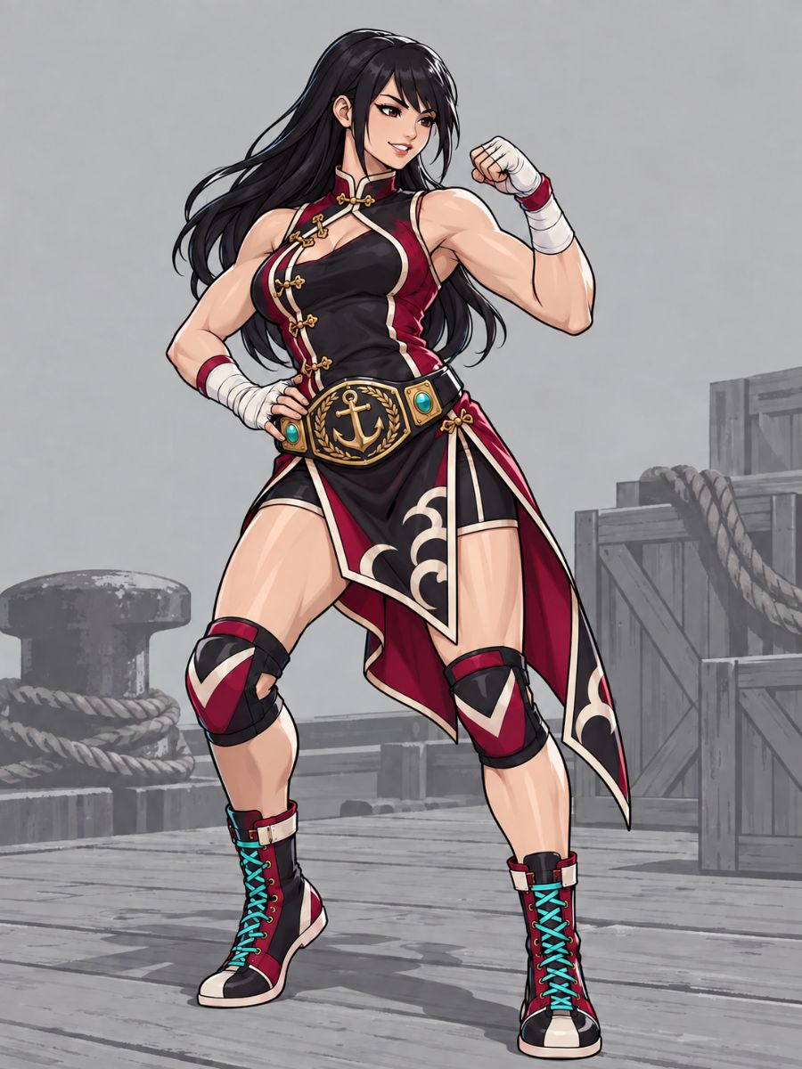 Street Fighter OC Maker female martial artist OC in a guarded fighting stance with red, black, and teal gear