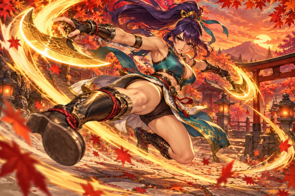 Street Fighter OC Maker action art of a female fighter delivering a fast kick with bright impact effects