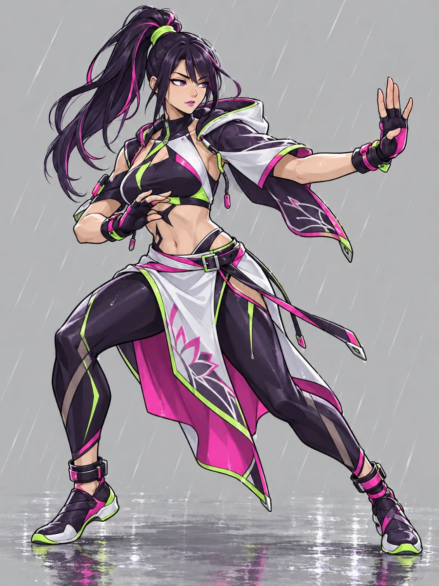 Street Fighter OC Maker neon-accented female fighter OC turning into a dynamic martial arts pose